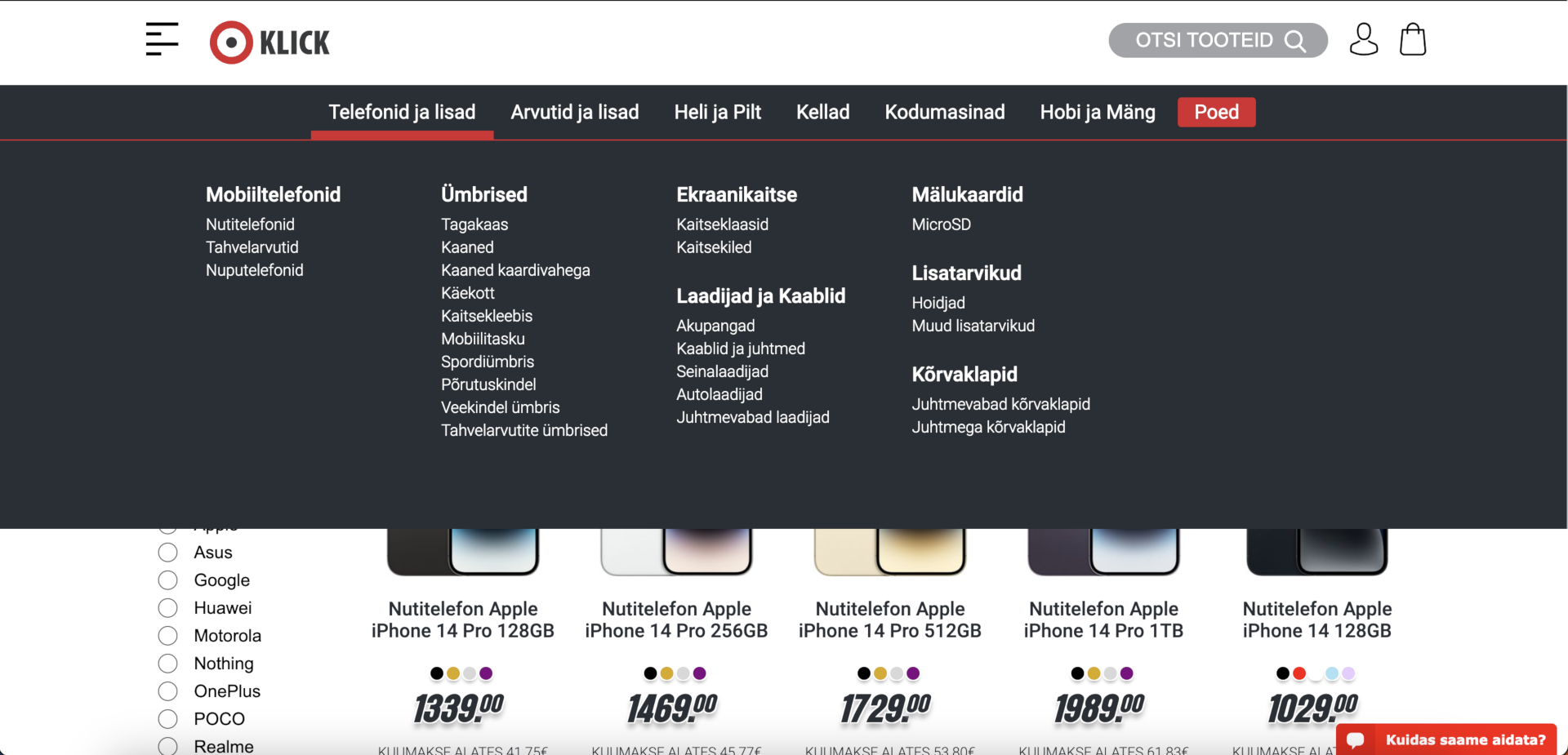 Klick Menu Categories