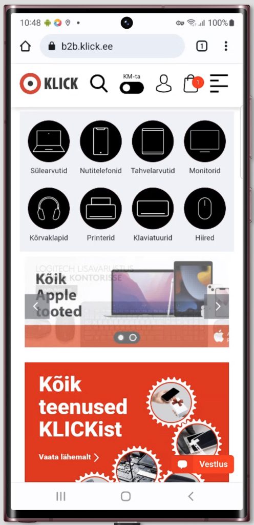 Klick B2B mobile homepage